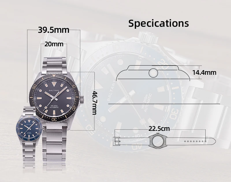 Baltany S3080 Mens Automatic Vintage Dive Watch 39mm Retro Sapphire Glowing 200M Waterproof Ocean Swimming Steel Bracelet Dress