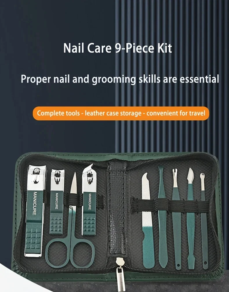9 Pcs Portable Nail Clipper Multi Kit with Cuticle Trimmer Toenail Scissors Ear Nail File Tweezers Suitable for Travel Home