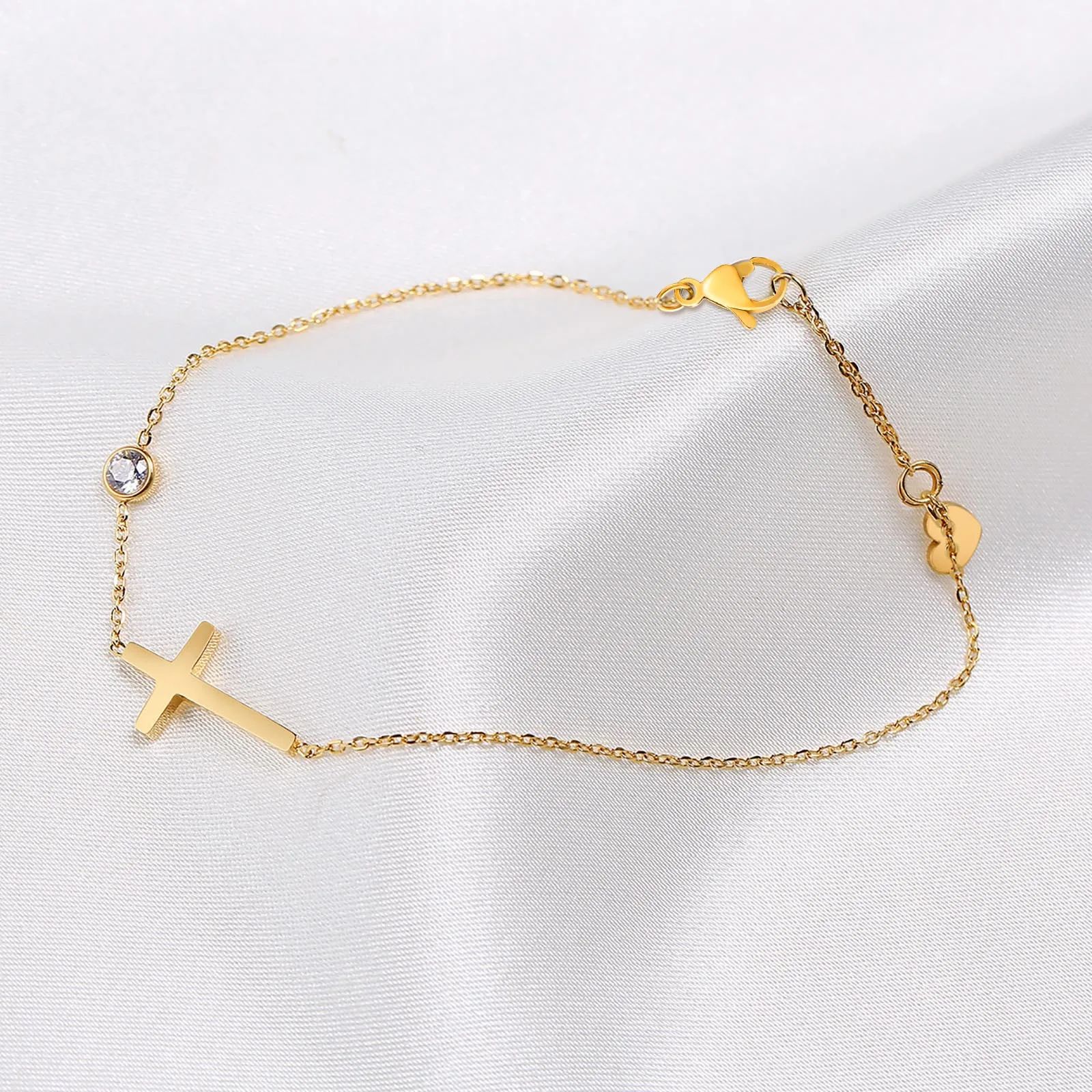 Birthstone Zirconia Thin Chain Link Cross Bracelet Stainless Steel Women's Adjustable Link Stacked Layered Chain Bracelets