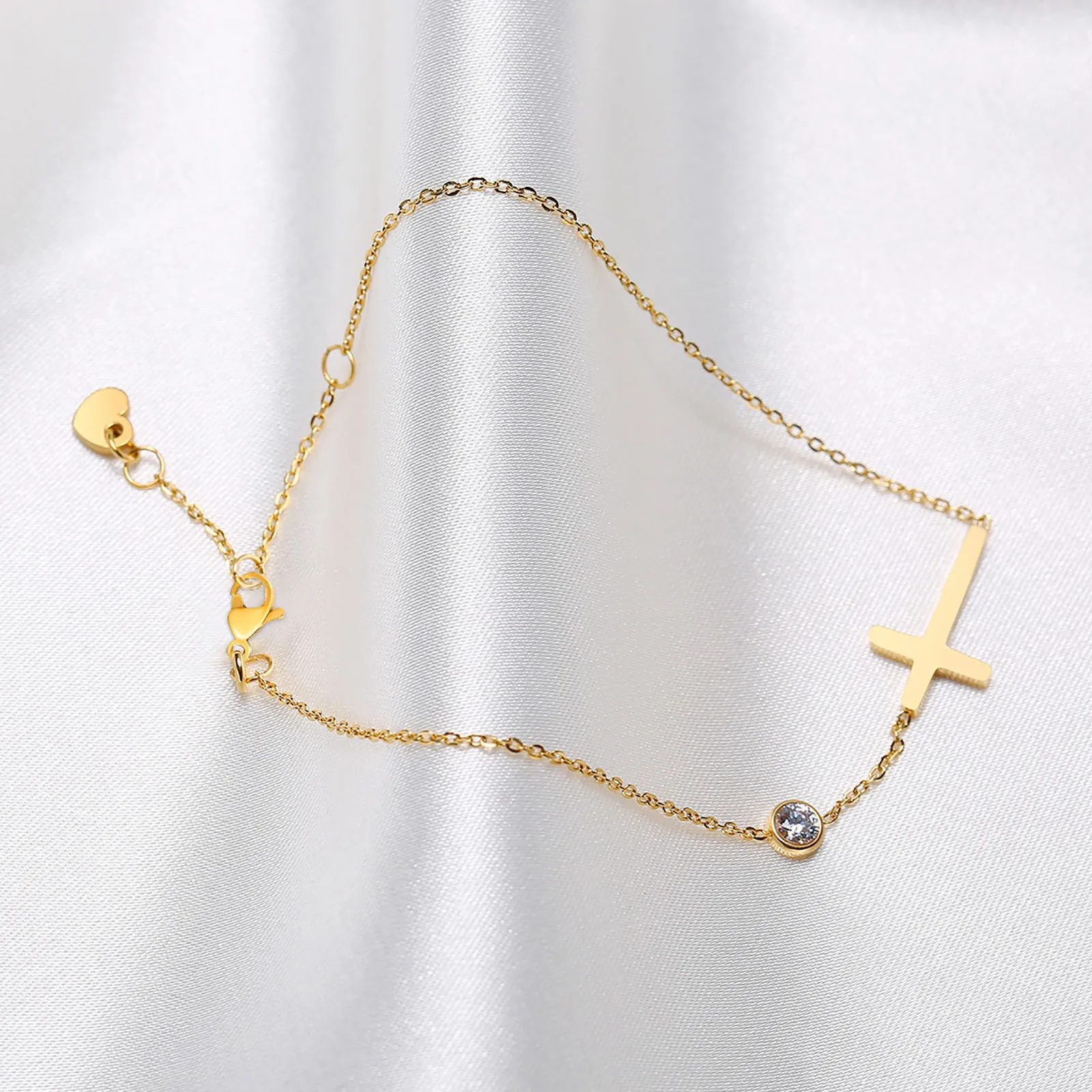 Birthstone Zirconia Thin Chain Link Cross Bracelet Stainless Steel Women's Adjustable Link Stacked Layered Chain Bracelets