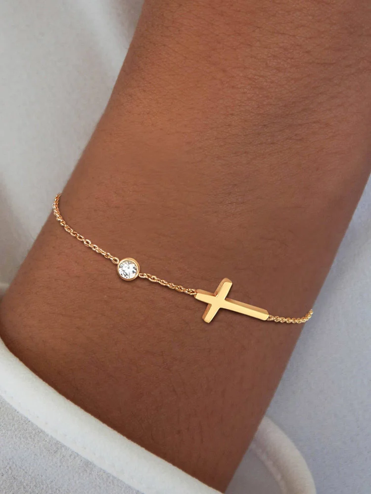 Birthstone Zirconia Thin Chain Link Cross Bracelet Stainless Steel Women's Adjustable Link Stacked Layered Chain Bracelets