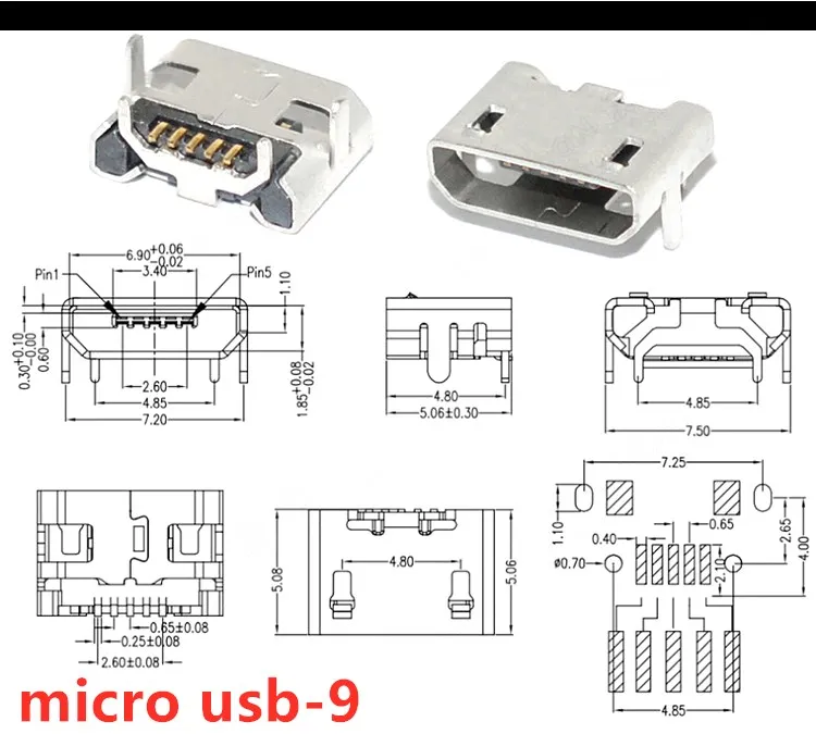10pcs/Lot  Micro USB 5 Pin SMT Socket Connector Type B Female Placement SMD DIP USB Charging Connectors
