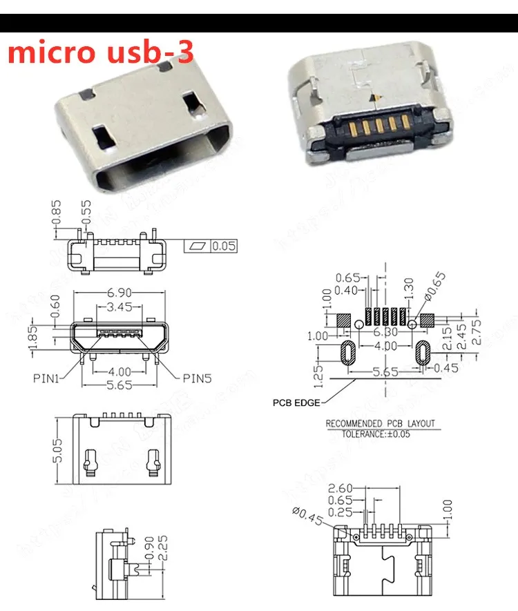 10pcs/Lot  Micro USB 5 Pin SMT Socket Connector Type B Female Placement SMD DIP USB Charging Connectors
