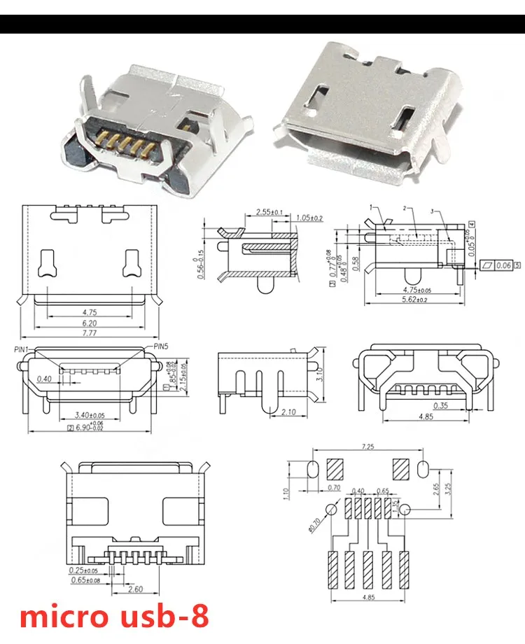 10pcs/Lot  Micro USB 5 Pin SMT Socket Connector Type B Female Placement SMD DIP USB Charging Connectors