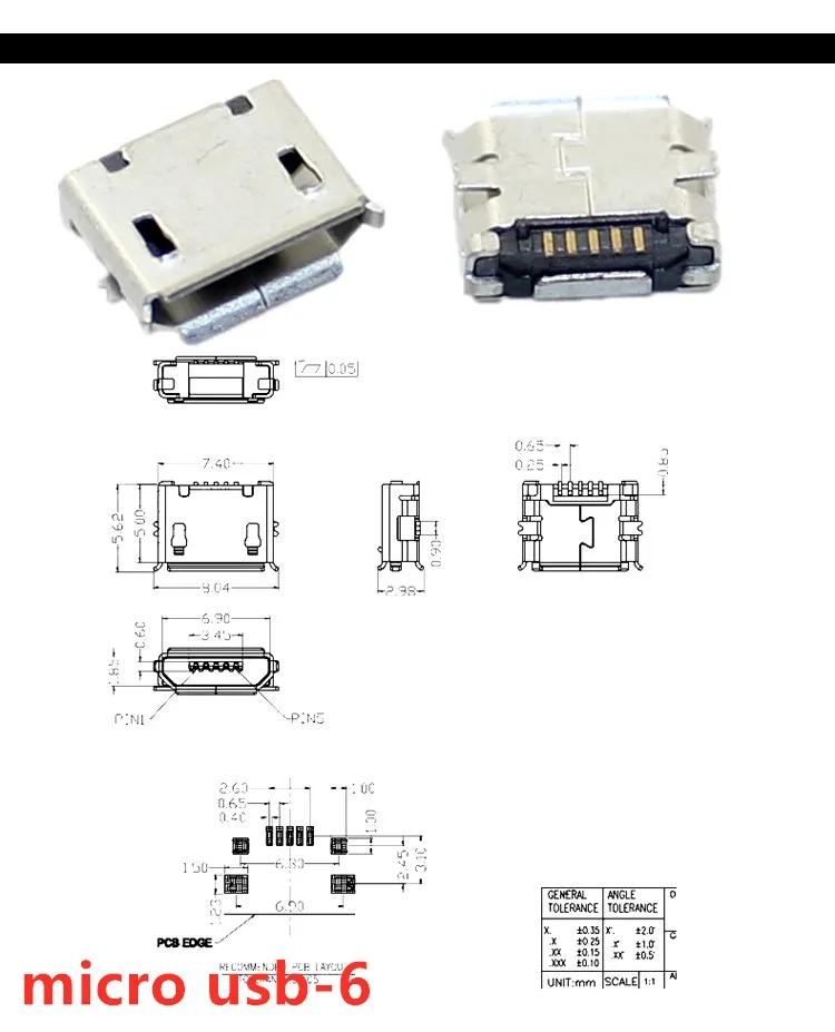 10pcs/Lot  Micro USB 5 Pin SMT Socket Connector Type B Female Placement SMD DIP USB Charging Connectors