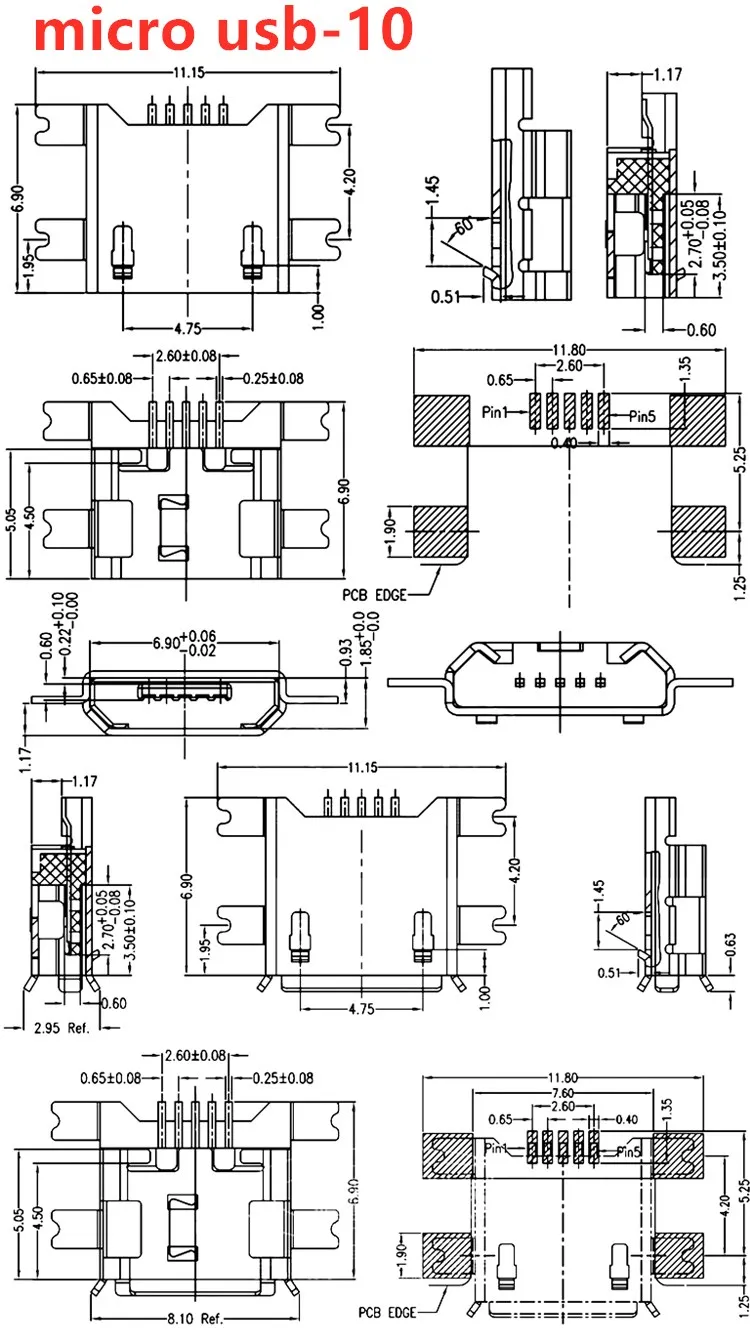 10pcs/Lot  Micro USB 5 Pin SMT Socket Connector Type B Female Placement SMD DIP USB Charging Connectors