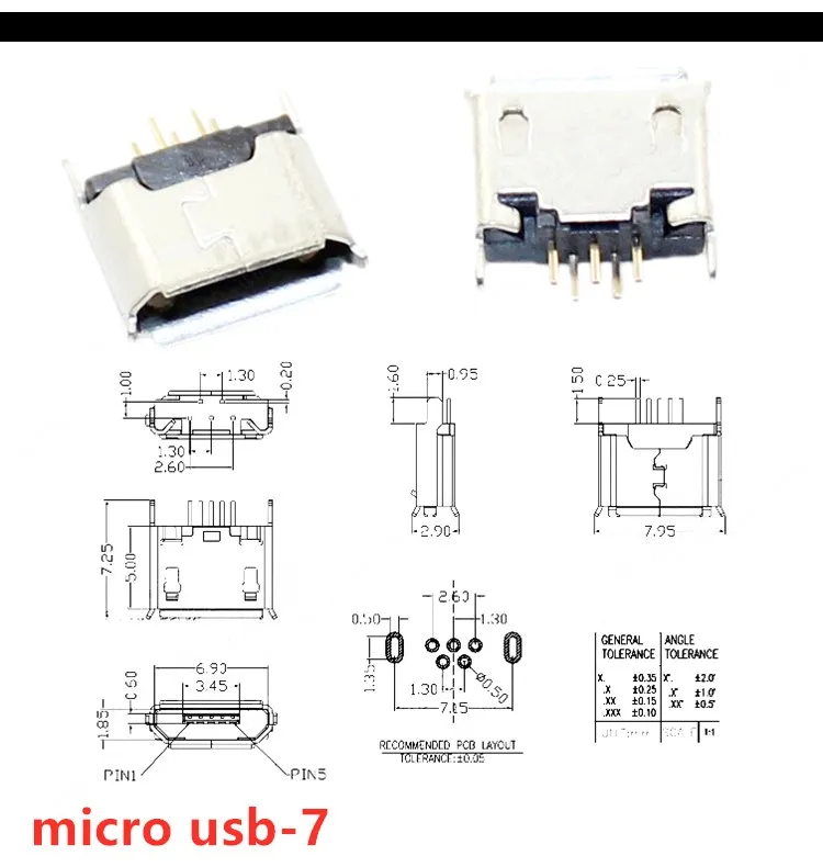 10pcs/Lot  Micro USB 5 Pin SMT Socket Connector Type B Female Placement SMD DIP USB Charging Connectors