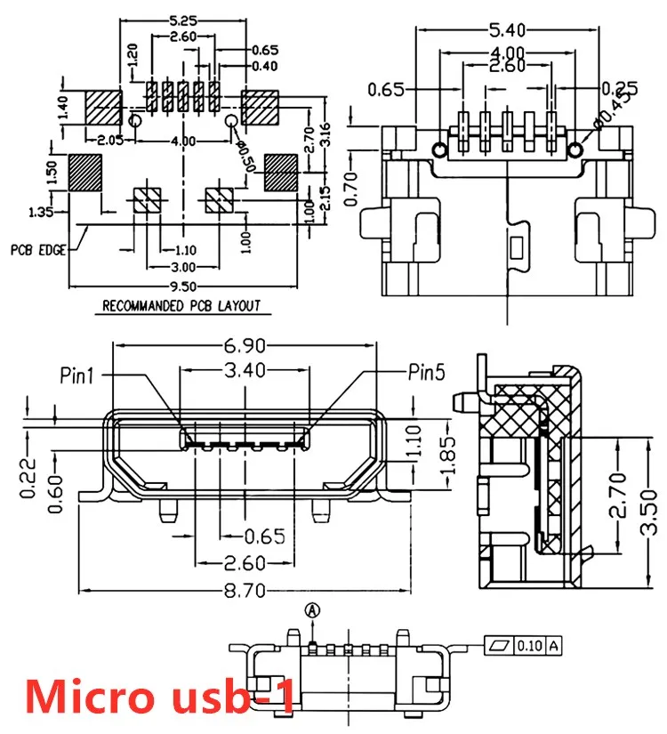 10pcs/Lot  Micro USB 5 Pin SMT Socket Connector Type B Female Placement SMD DIP USB Charging Connectors