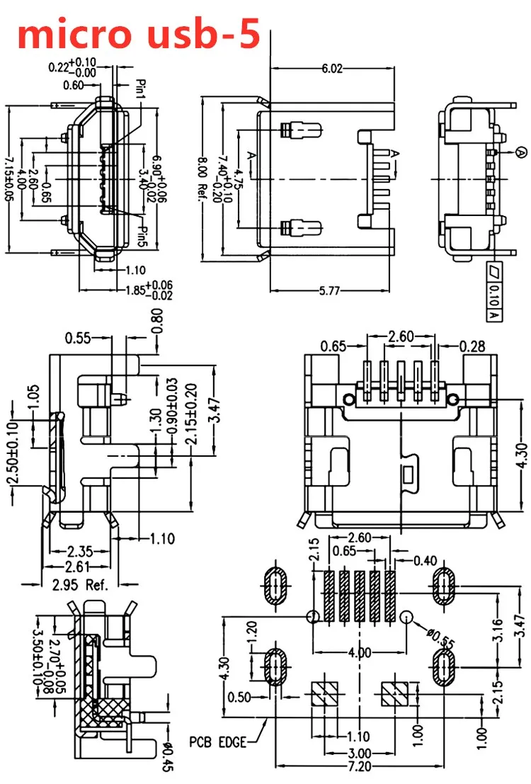 10pcs/Lot  Micro USB 5 Pin SMT Socket Connector Type B Female Placement SMD DIP USB Charging Connectors