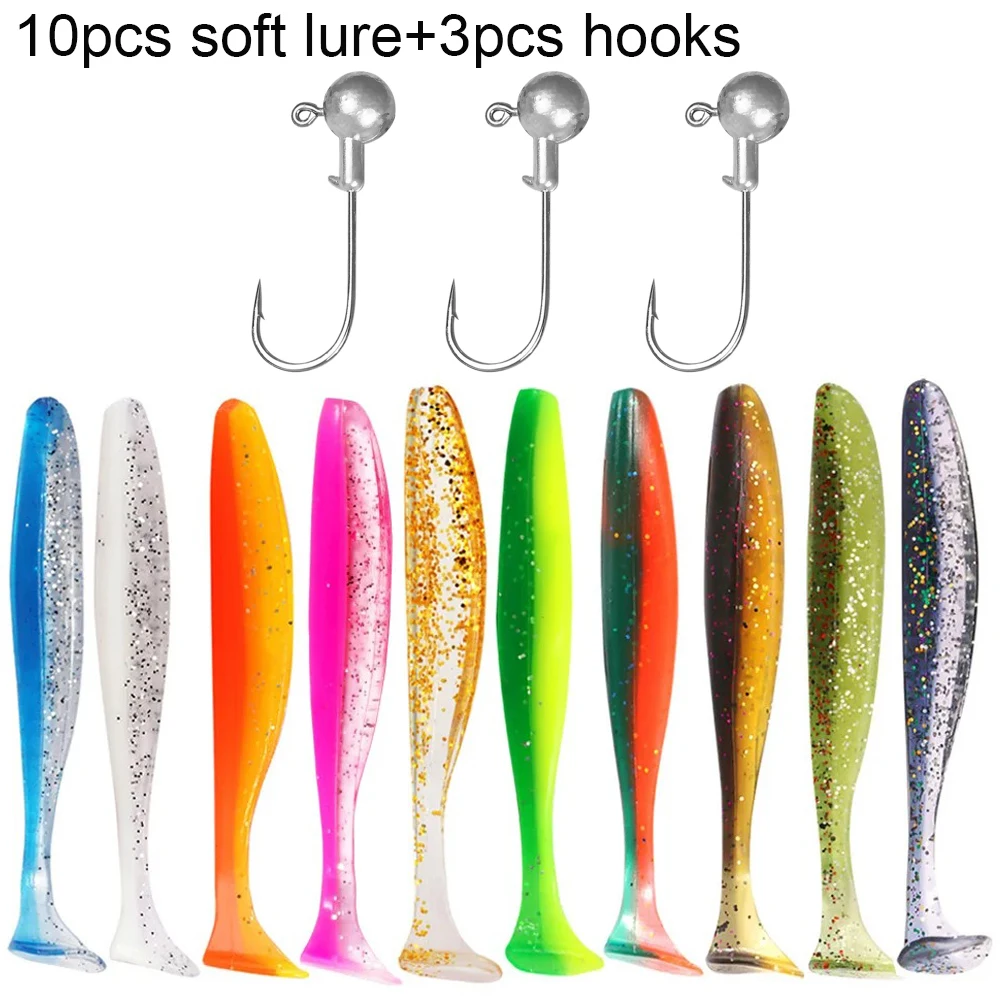 10PCS Soft Lure 5.5cm 7cm 10cm T Tail Worm 3PCS Jigging Head Hook 3g 5g 10g Metal Jig Carp Fishing Pesca Swimbait Gear Kit Bait