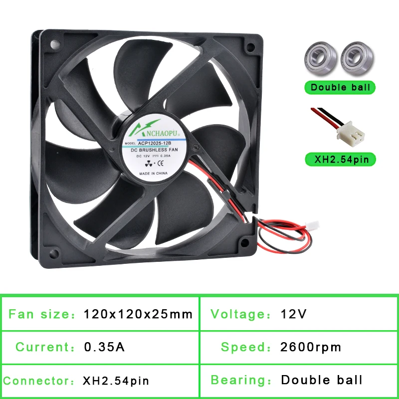 ACP12025 12cm 120mm Fan 120x120x25mm DC5V 12V 24V 2Pin Cooling Fan Suitable for Chassis Power Inverter