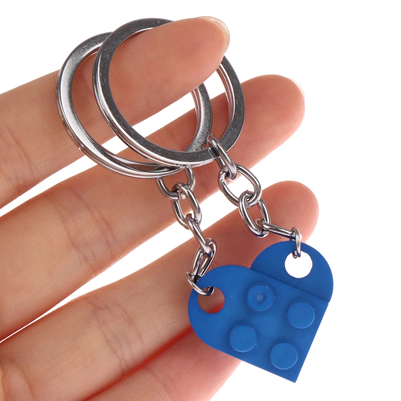 2Pcs Cute Love Heart Brick Keychain for Couples Friendship Women Men Girl Boy Lego Elements Key Ring Birthday Jewelry Gift