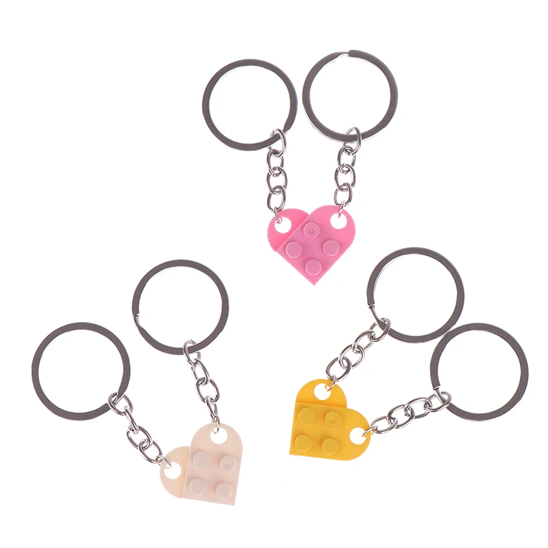 2Pcs Cute Love Heart Brick Keychain for Couples Friendship Women Men Girl Boy Lego Elements Key Ring Birthday Jewelry Gift