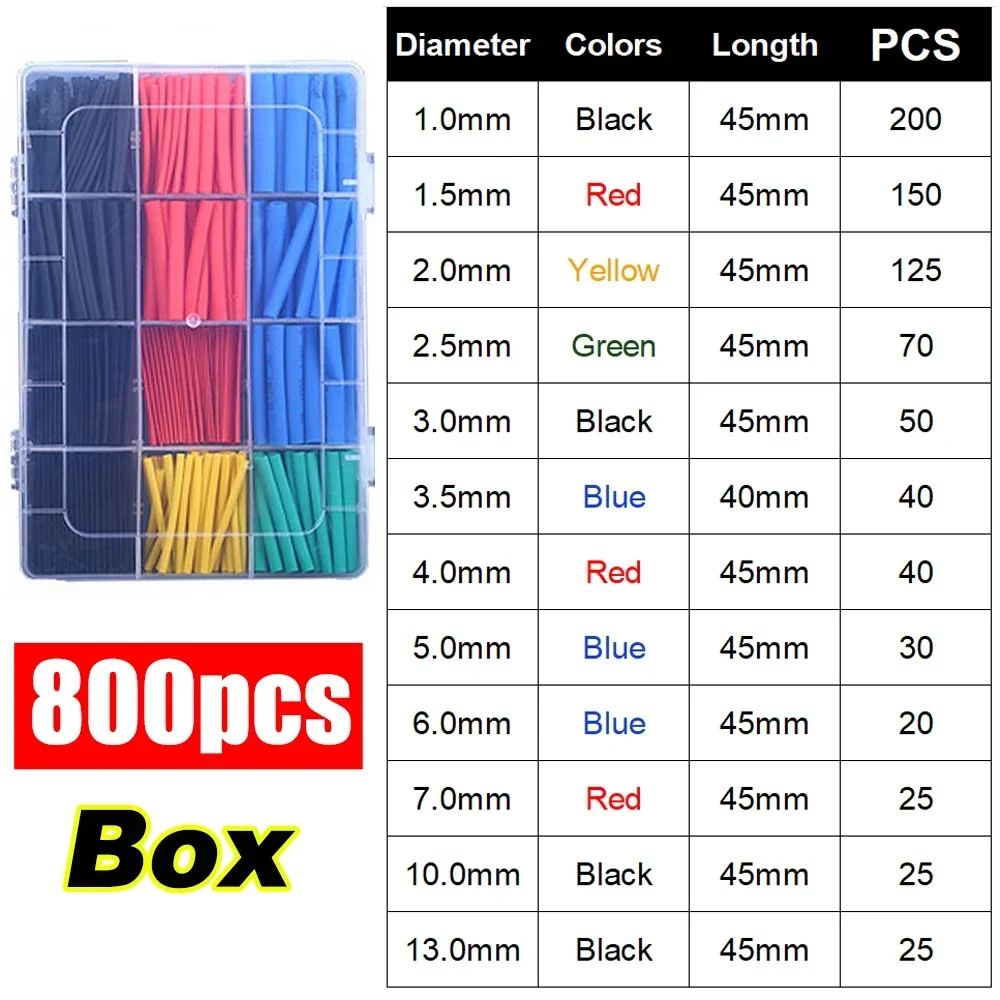 800pcs With Box Heat Shrink Tube Kit Thermoresistant Tubing Electrical Connection Cable Insulation Sleeved Protecter