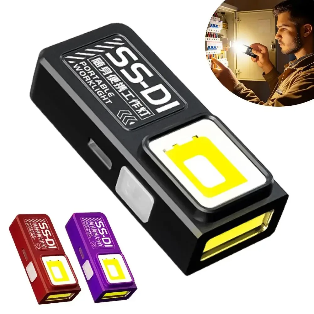 Powerful Mini COB LED Keychain Flashlight USB C Rechargeable Hanging Work Light Waterproof Keyring Camping Walking Pocket Lamp