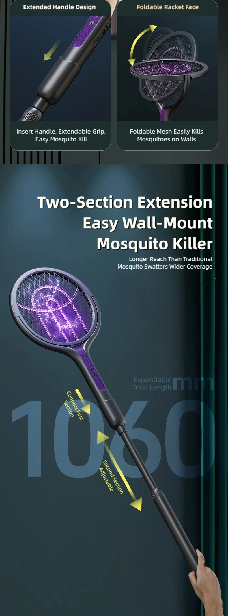 TINSOL Telescopic Rotating Head Electric Mosquito Swatter Rechargeable Electric Mosquito Swatter, Indoor/Outdoor Mosquito Killer