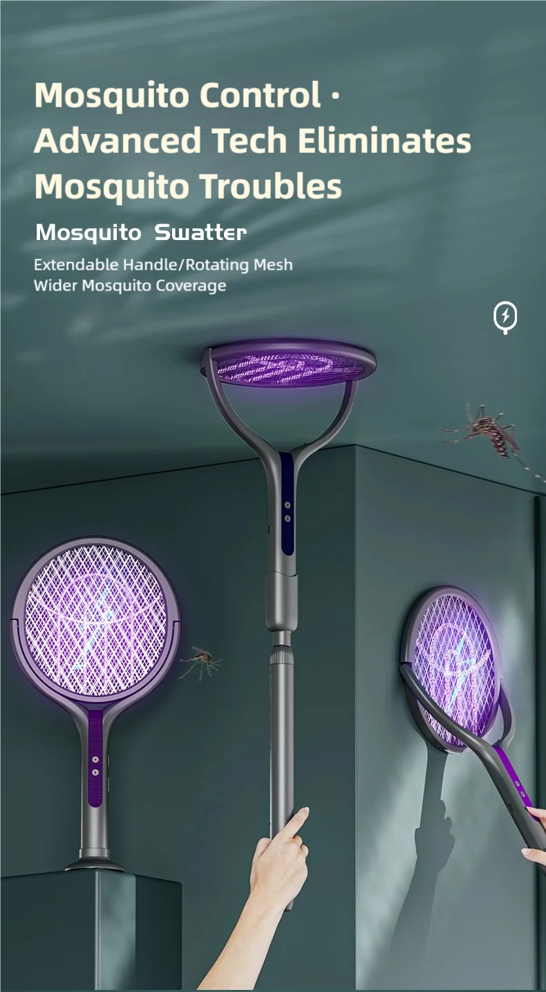 TINSOL Telescopic Rotating Head Electric Mosquito Swatter Rechargeable Electric Mosquito Swatter, Indoor/Outdoor Mosquito Killer