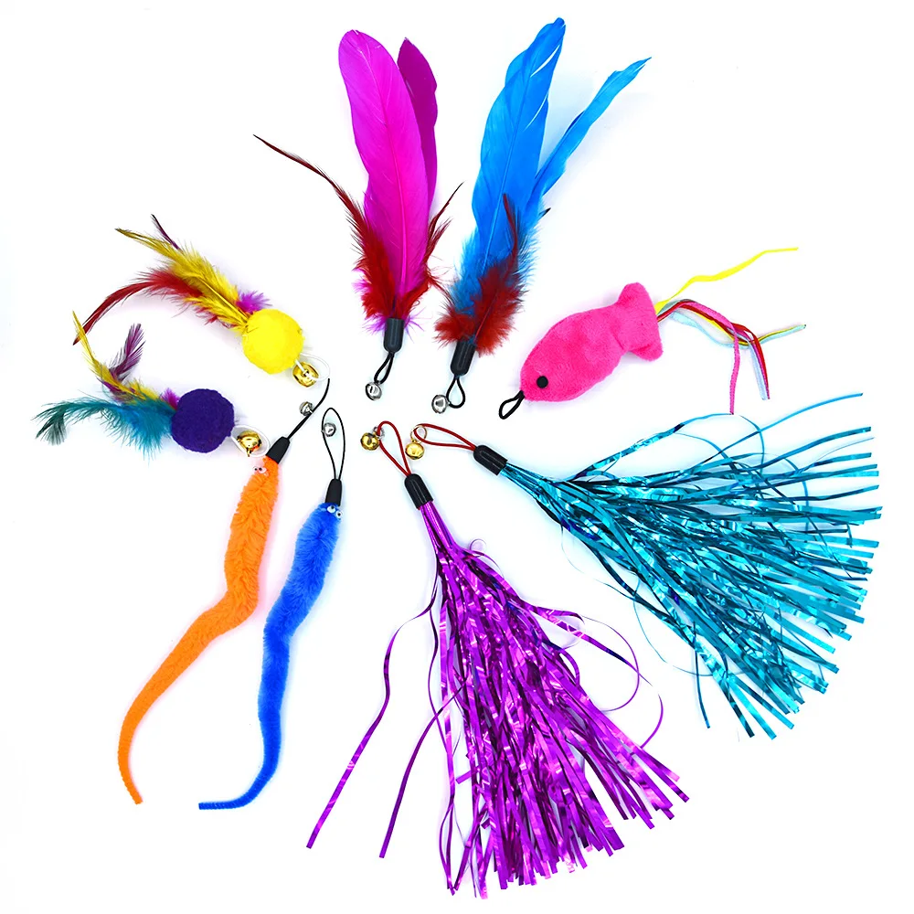 9 Pack Colorful Feather Replacement Head Funny Cat Stick Tassel Feather Fishing Rod Cat Toy Set Cat Toys Interactive