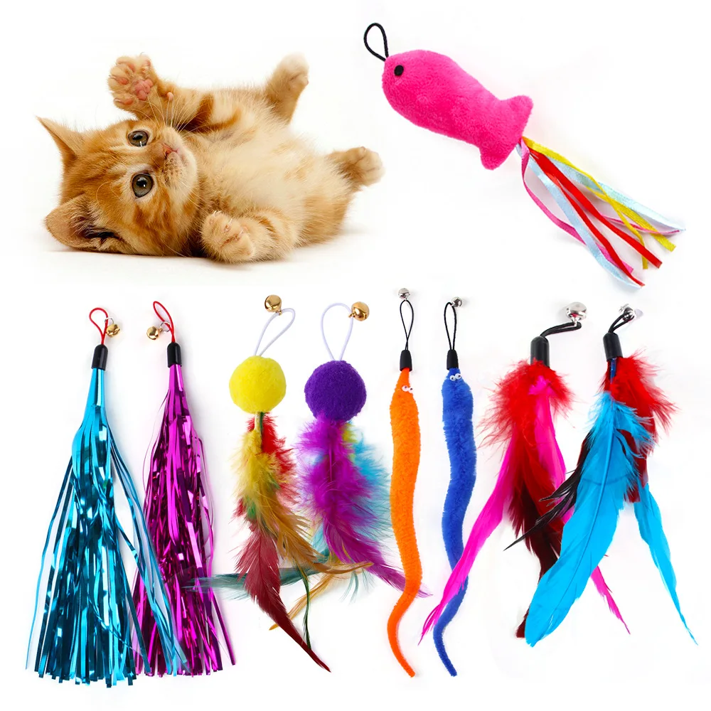 9 Pack Colorful Feather Replacement Head Funny Cat Stick Tassel Feather Fishing Rod Cat Toy Set Cat Toys Interactive