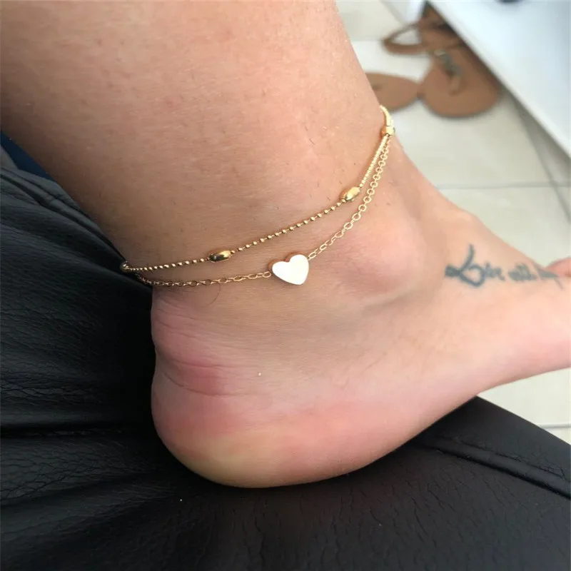 Trendy Beads Multilayer Summer Heart Anklet For Woman Bohemian Vintage Footwear Leg Bracelets 2021 Female Foot Jewelry Gifts New