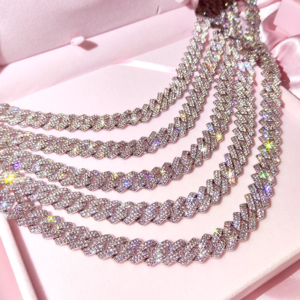 Silver Color 14mm Prong Miami Cuban Link Chain Necklace For Women Iced Out 2 Row Rhinestones Square Cuban Link Choker Jewelry