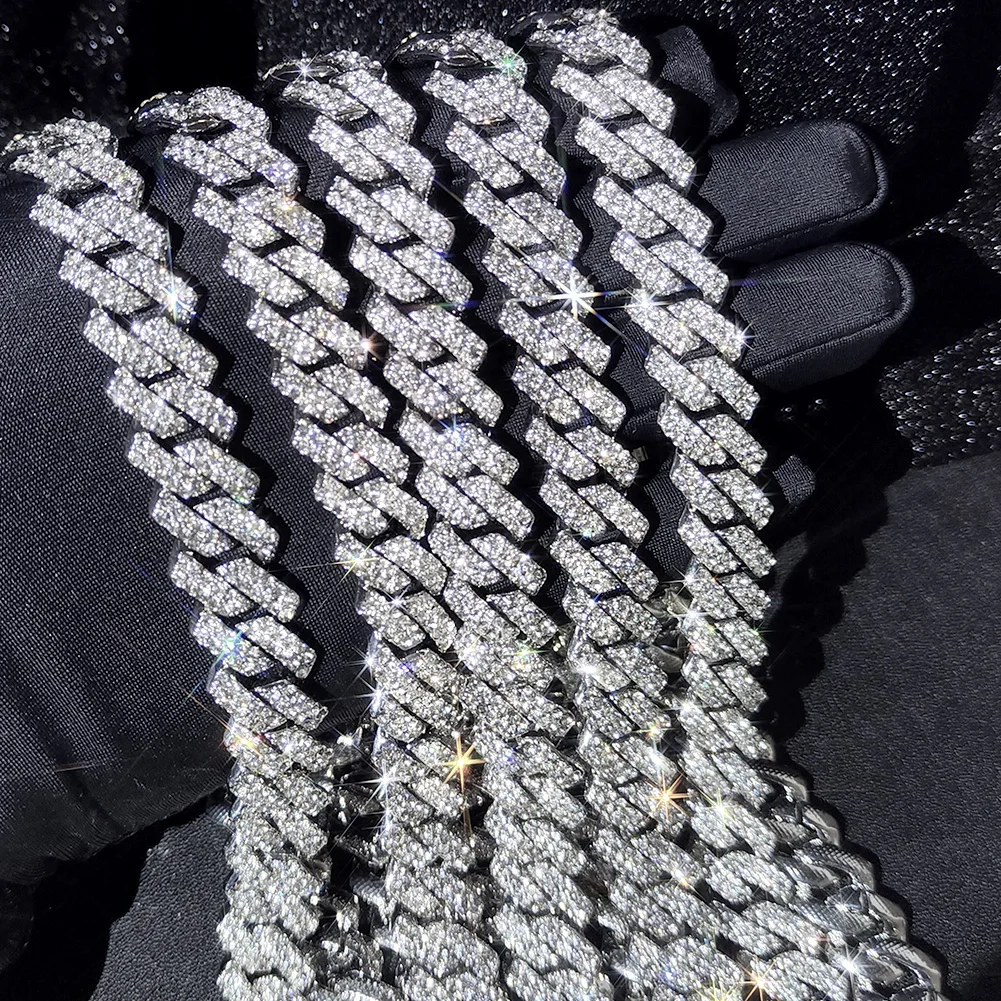 Silver Color 14mm Prong Miami Cuban Link Chain Necklace For Women Iced Out 2 Row Rhinestones Square Cuban Link Choker Jewelry