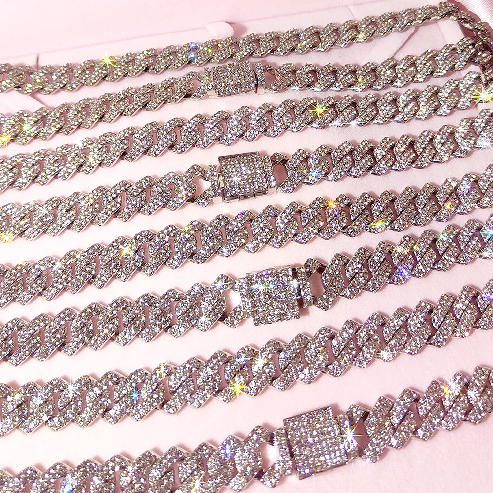 Silver Color 14mm Prong Miami Cuban Link Chain Necklace For Women Iced Out 2 Row Rhinestones Square Cuban Link Choker Jewelry