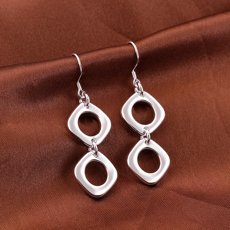 DOTEFFIL 925 Sterling Silver Round Square Necklace Earring Set For Woman Wedding Engagement Party Fashion Charm Jewelry