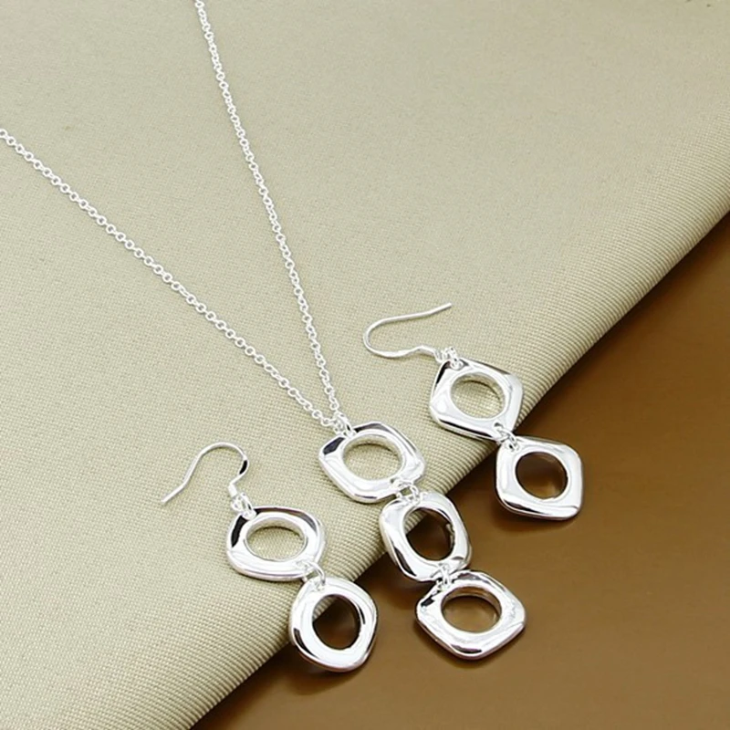 DOTEFFIL 925 Sterling Silver Round Square Necklace Earring Set For Woman Wedding Engagement Party Fashion Charm Jewelry