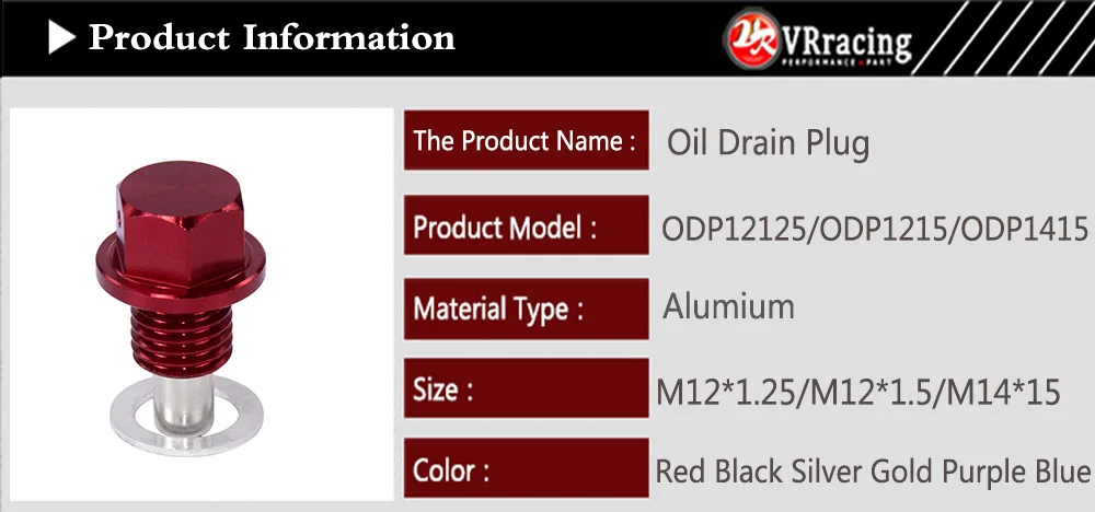 VR - M12x1.5 M12x1.25 M14x1.5 Magnetic Oil Drain Plug &Oil Drain Sump Nut (A lot of colors available) ODP12125/1215/1415