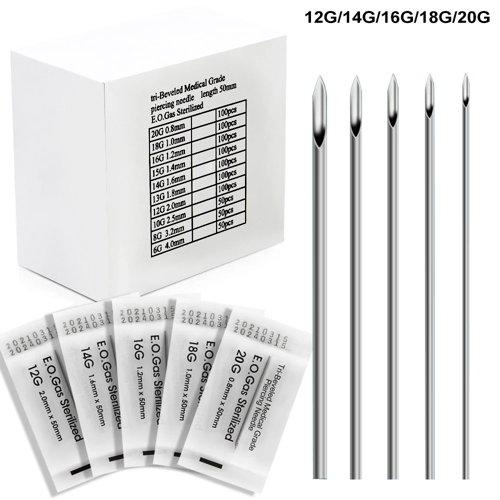200/100/50PCS Piercing Needles Surgical Steel Disposable Body Piercing Needles E.O.Gas Sterilized Permanent Makeup Tattoo Needle