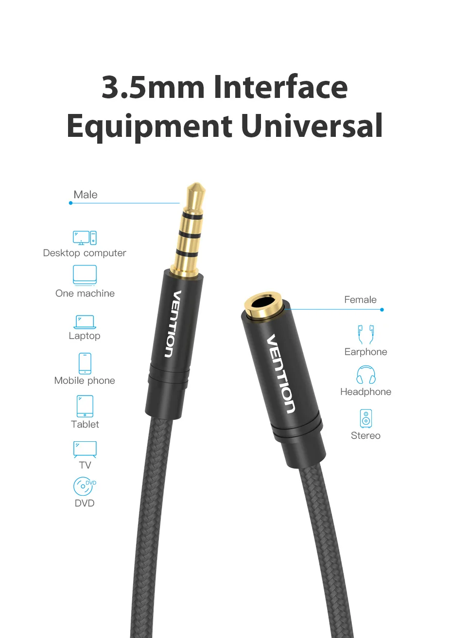 Vention Jack 3.5 Aux Extension Cable for Car Laptop Mini PC TV Xiaomi Huawei Stereo 3.5 mm Jack Headphone Speaker Cable Auxiliar