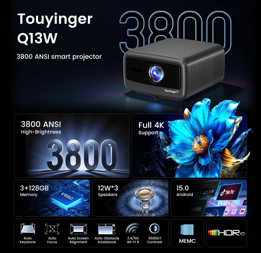 Touyinger Q13W 3800ANSI 4K Projector Android 15 3G+128G Sealed Optics 2.1CH Smart Home Theater WiFi Bluetooth Beamer