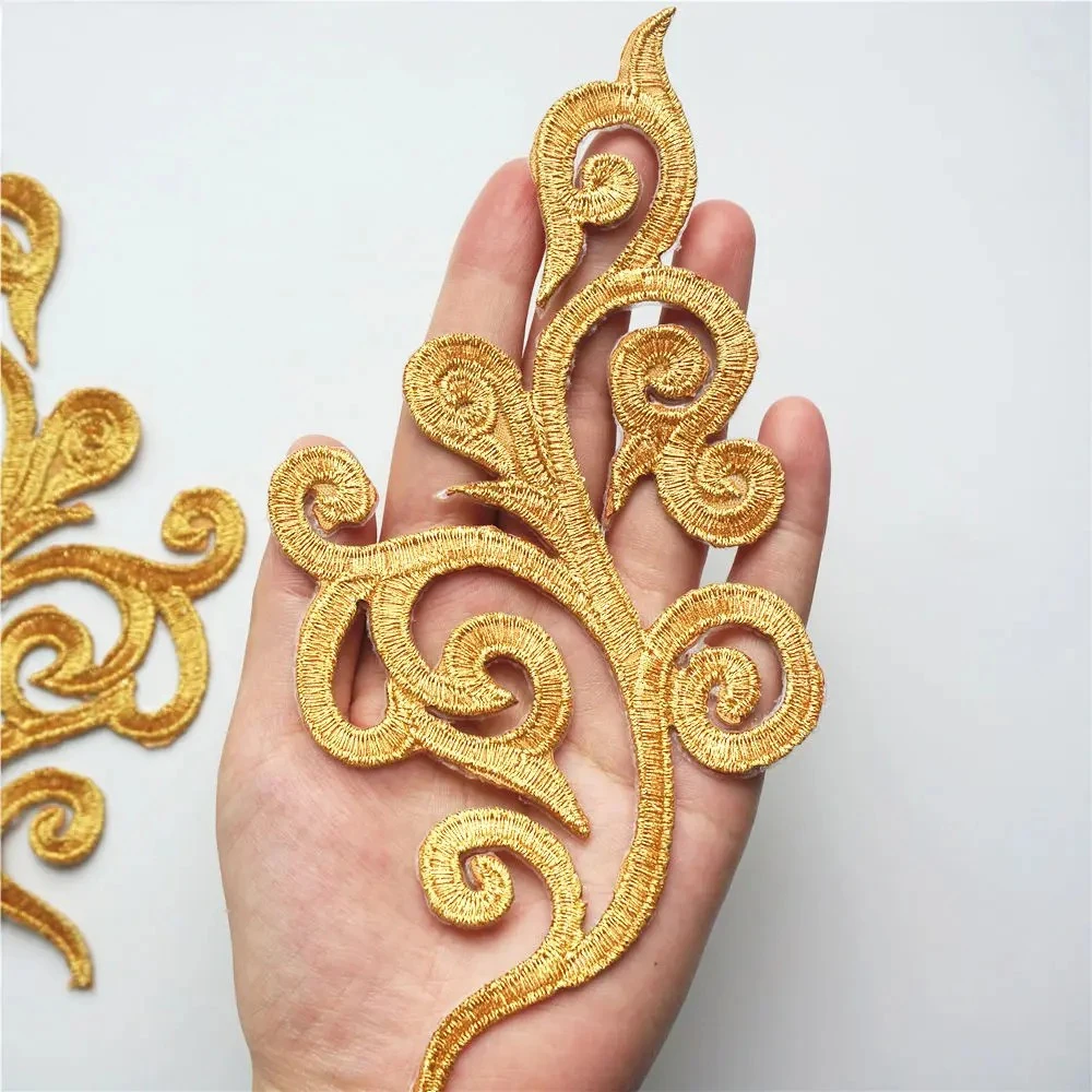 1 Pair Iron On Appliques Gold Embroidery Patches Flower For Cosplay Costume Trims 17*9CM