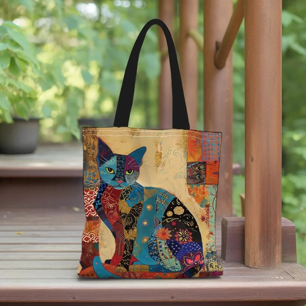 1/5/10pcs Floral Cat Pattern Tote Bag, Aesthetic Canvas School Shoulder Bag, Lightweight Grocery Shopping Bag