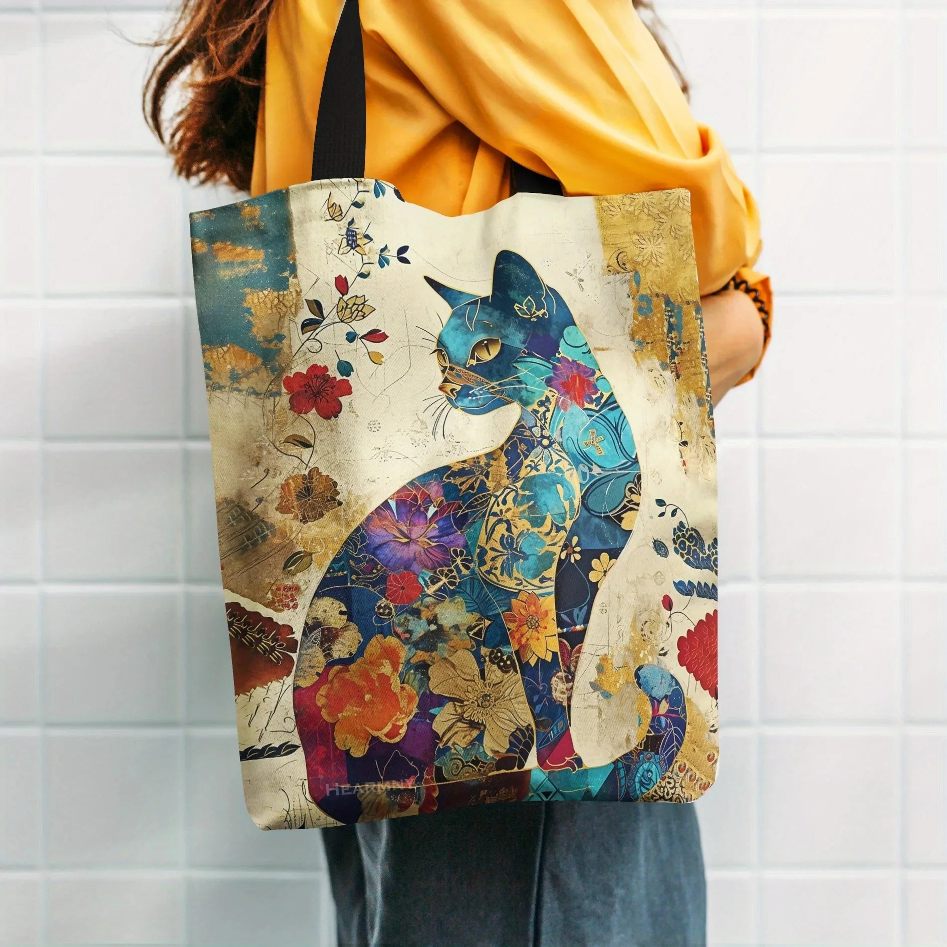 1/5/10pcs Floral Cat Pattern Tote Bag, Aesthetic Canvas School Shoulder Bag, Lightweight Grocery Shopping Bag