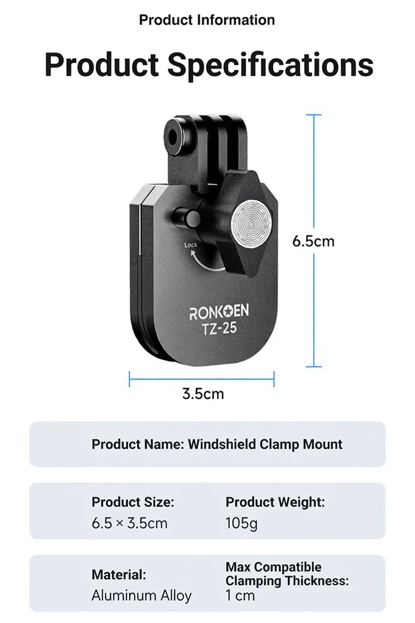 Ronkoen TZ-25 Motorcycle Windshield Clamp Mount Aluminum Alloy For Insta360 X4 Ace Pro 2 / DJI Action 5 Pro Action Camera