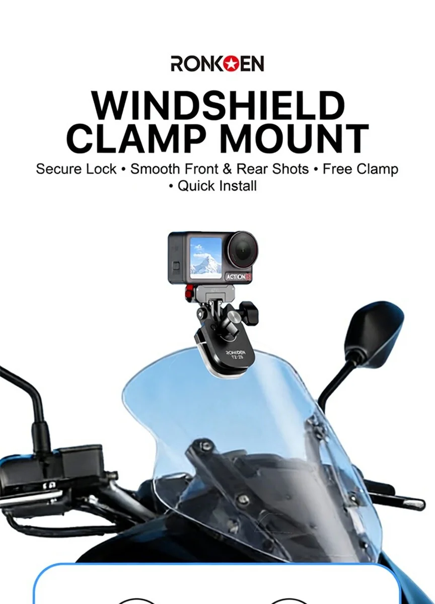 Ronkoen TZ-25 Motorcycle Windshield Clamp Mount Aluminum Alloy For Insta360 X4 Ace Pro 2 / DJI Action 5 Pro Action Camera