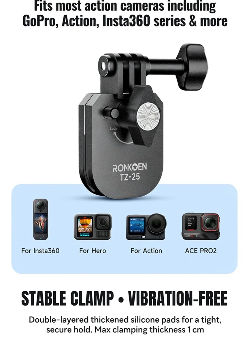 Ronkoen TZ-25 Motorcycle Windshield Clamp Mount Aluminum Alloy For Insta360 X4 Ace Pro 2 / DJI Action 5 Pro Action Camera