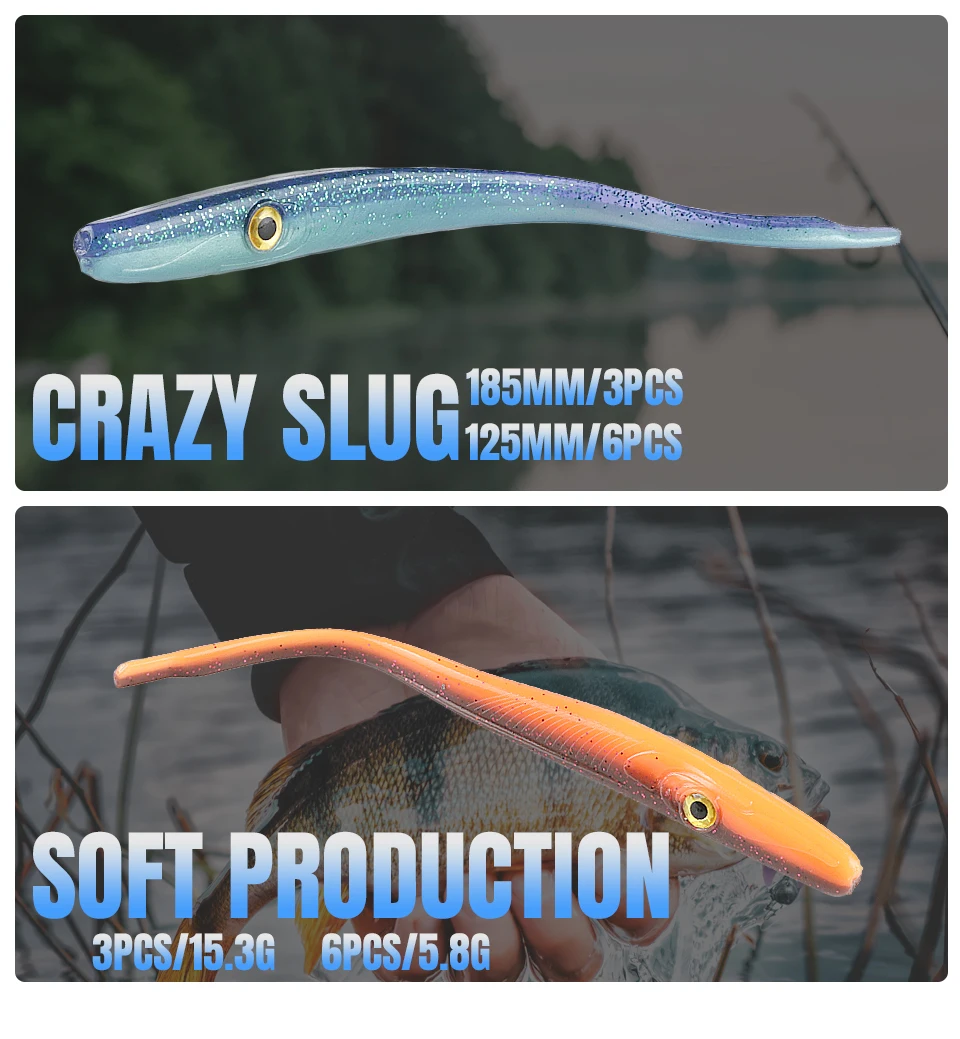 Supercontinent Crazy Slug 185mm/3pcs 125mm/6pcs Soft Fishing Lure Seabass Artificial Bait Silicone Worm Shad Eel Needlefish