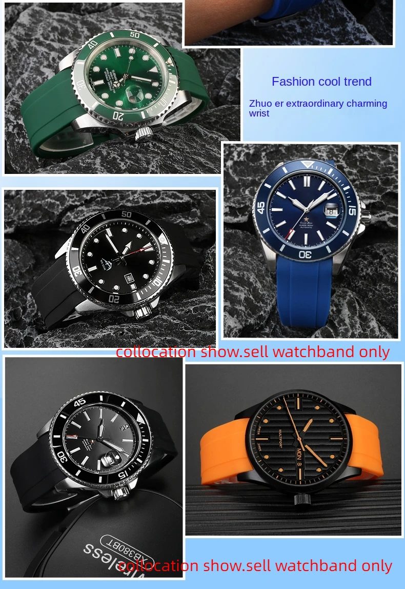 Curved End silicone rubber watch strap for men Rolex Water Ghost seiko citizen tissot 20MM 22MM sport Wristband Universal Belt