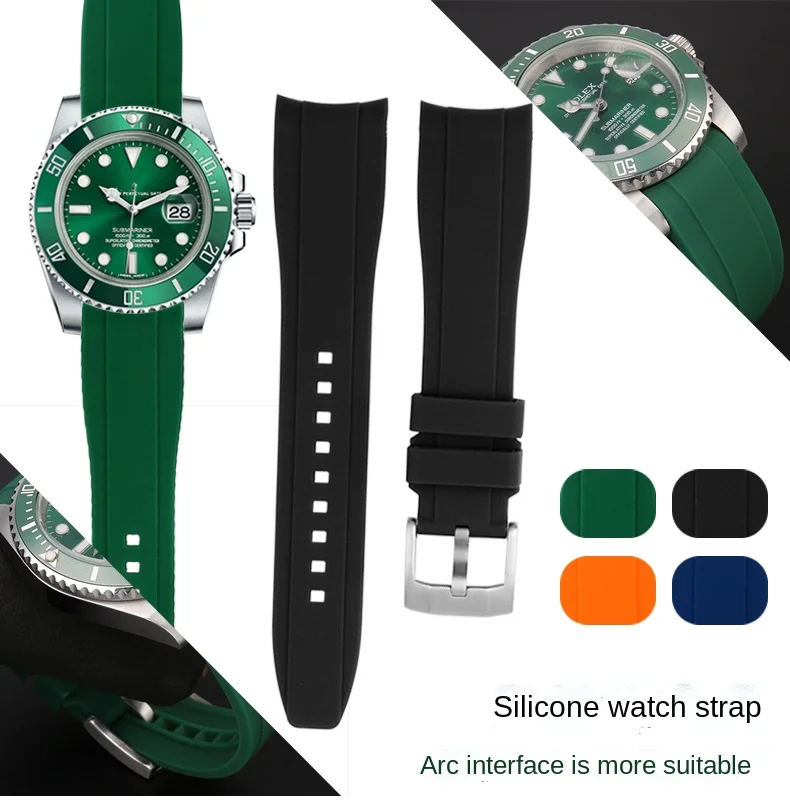 Curved End silicone rubber watch strap for men Rolex Water Ghost seiko citizen tissot 20MM 22MM sport Wristband Universal Belt