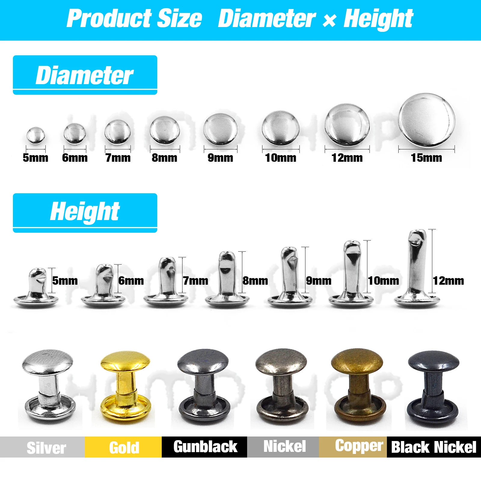 100Sets 5-15mm Metal Double Cap Rivets Stud Round Nail Rivet For Leathercraft Accessories Repair Shoes Bag Belt Clothing Garment