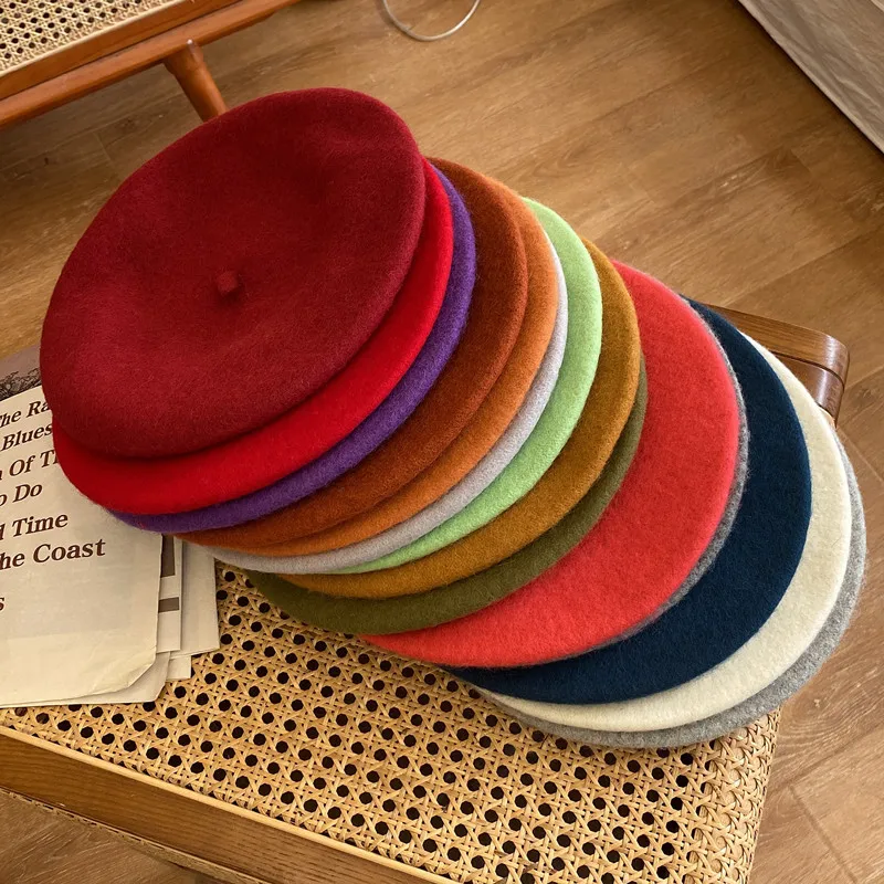 Thick Warm Wool Woolen Beret Hat 70g Weight Girl Women Casual Vintage Round Artist Pumpkin Hat Caps Gorros