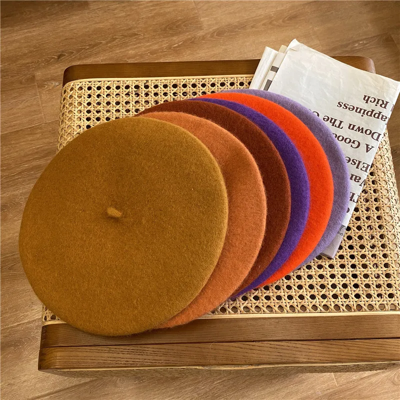 Thick Warm Wool Woolen Beret Hat 70g Weight Girl Women Casual Vintage Round Artist Pumpkin Hat Caps Gorros