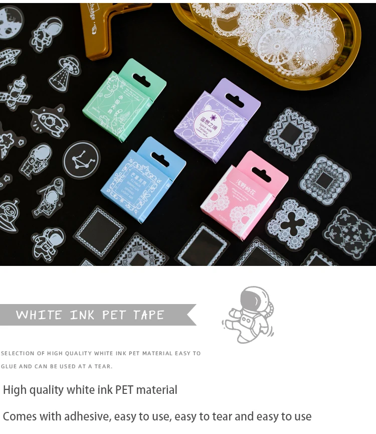 JIANWU 50 Pcs Cute Transparent PET Stickers Aesthetic DIY Shaped Lace Decoration Scrapbooking Diary Stickers Kawaii Stationery