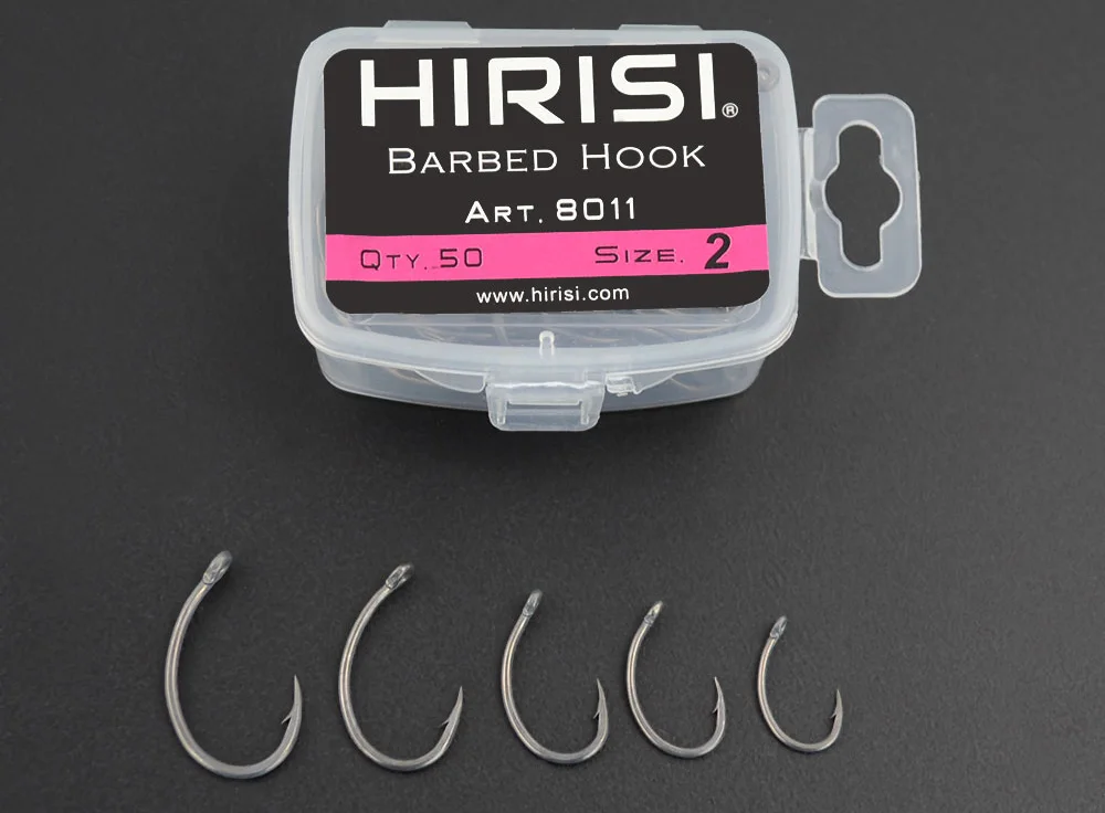 Hirisi 50-100pcs Coating High Carbon Stainless Steel Barbed Hooks Carp Fishing Hooks Pack with Retail Original Box 8011