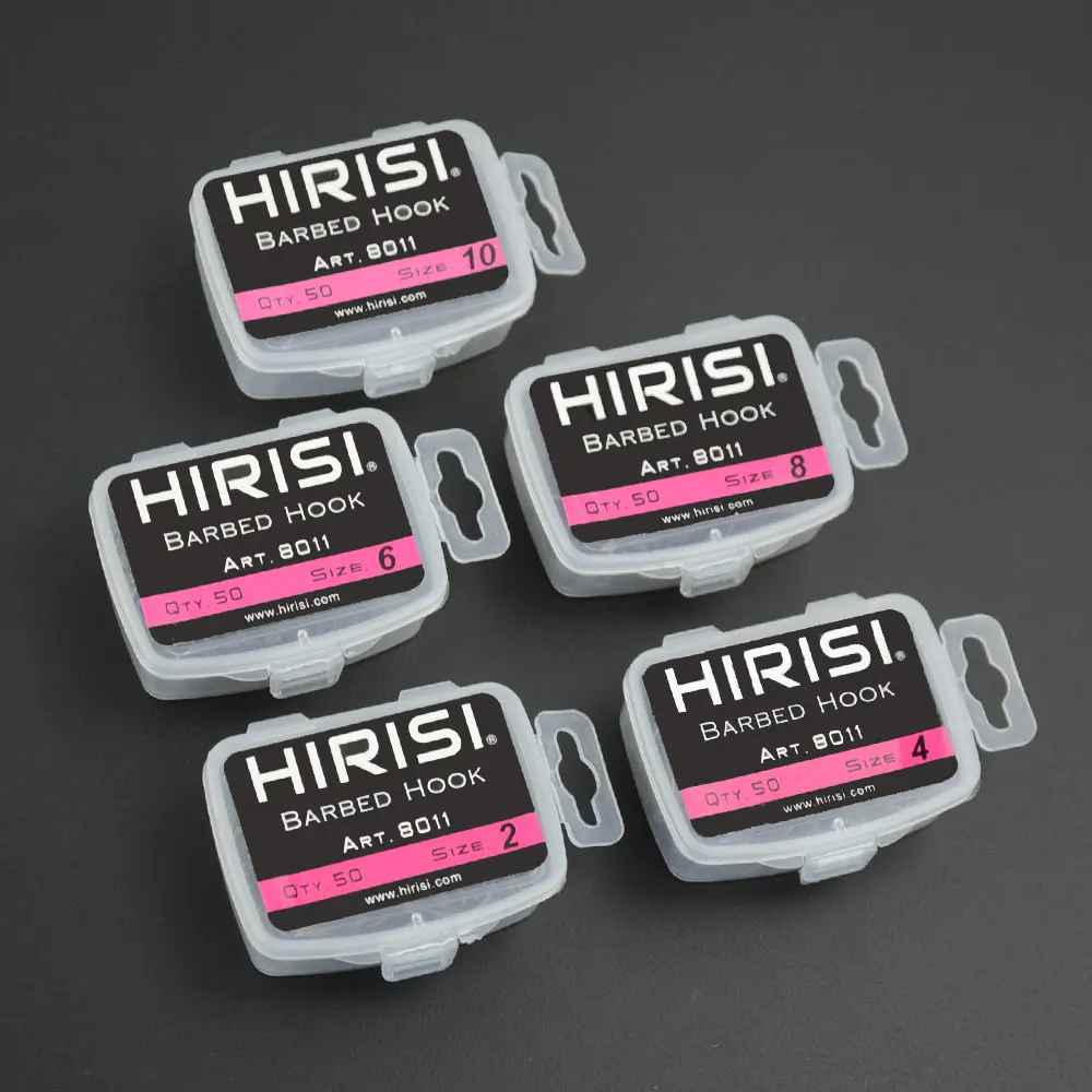 Hirisi 50-100pcs Coating High Carbon Stainless Steel Barbed Hooks Carp Fishing Hooks Pack with Retail Original Box 8011