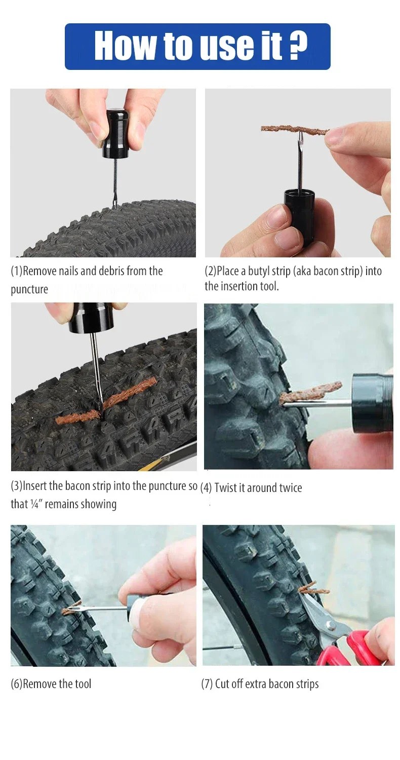 Tubeless Tire Repair Kit for Road & MTB Bikes - Rubber Plug Stopper, Bacon Strips & Insertion Tool for Puncture Fixes