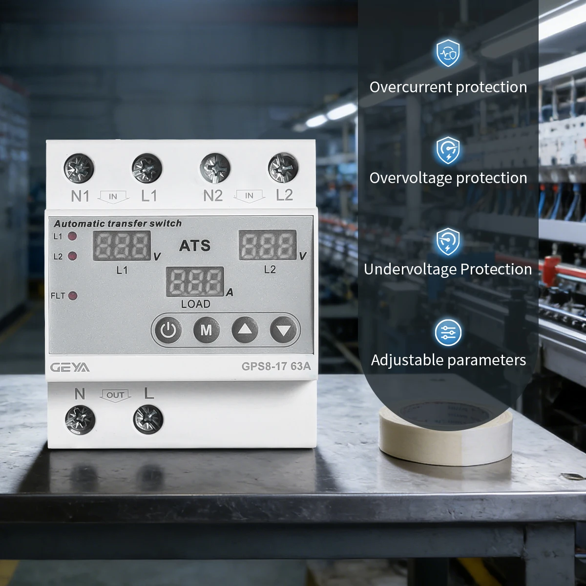 GEYA 63A 220V Automatic Transfer Switch ATS Adjustable Over Under Voltage Current Protector Dual Power Conversion Monitor Relay